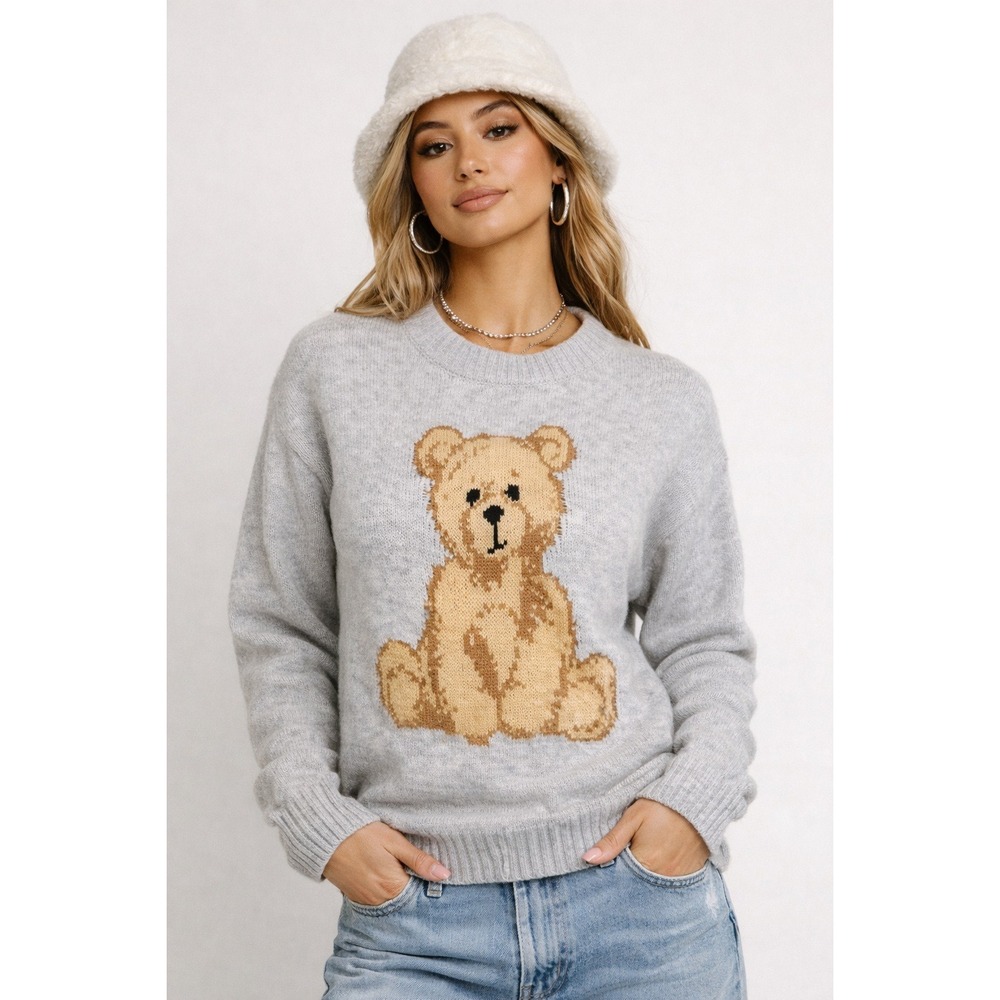 Just‎ Polly Sweater Teddy Bear Graphic Gray Knit Cottagecore XS